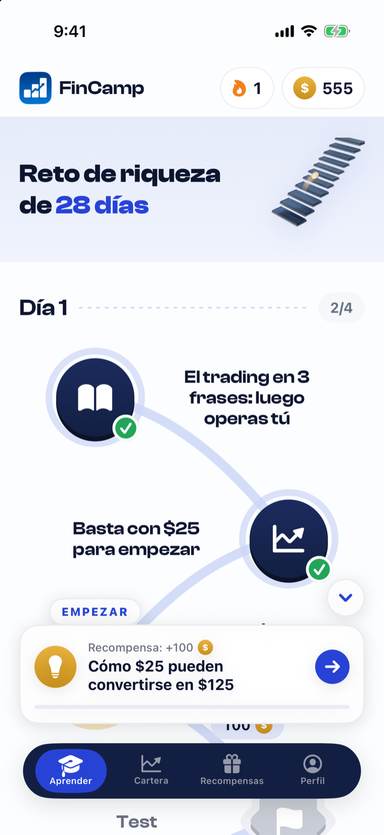 Ruta de lecciones diarias de FinCamp