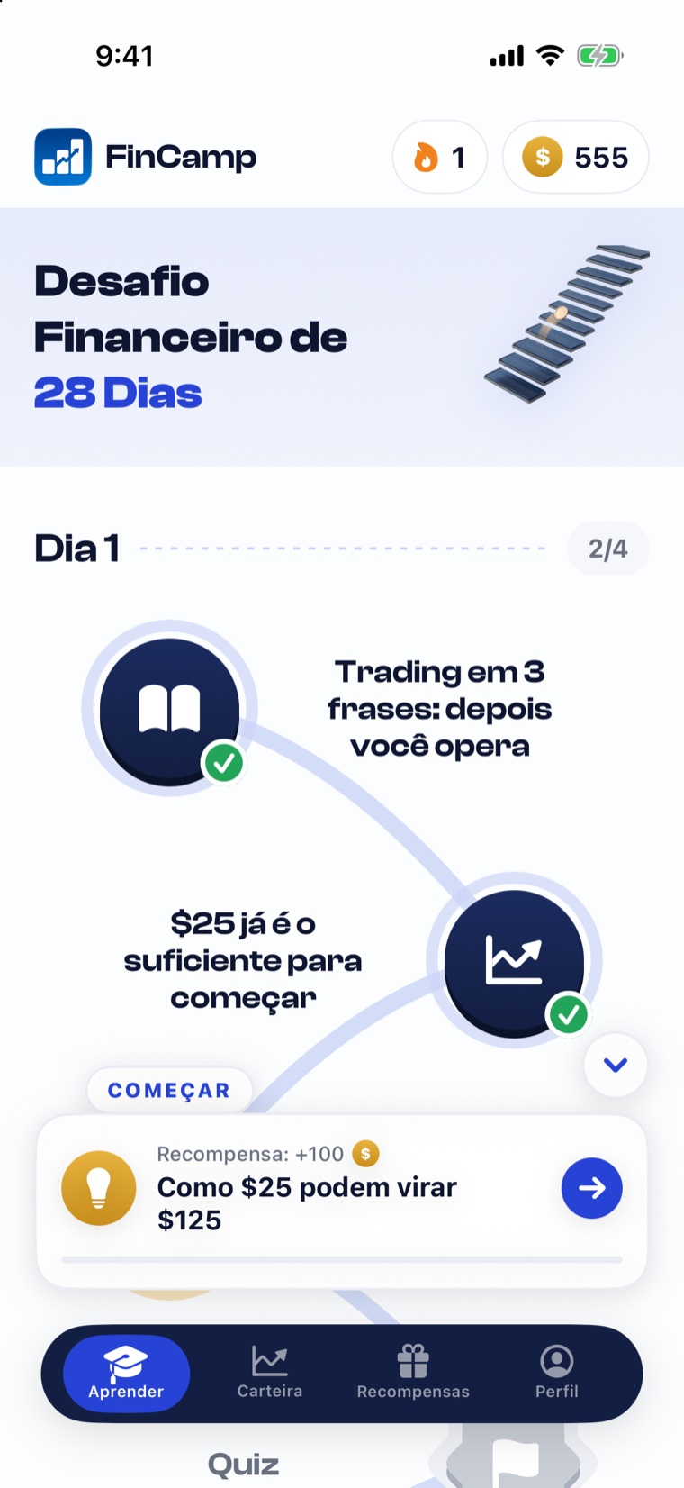 Trilha de lições diárias do FinCamp